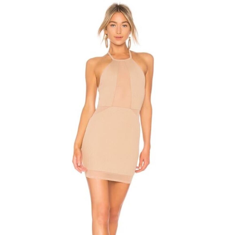 REVOLVE NBD Nude Halter Bodycon Dress Mesh Sheer Panel Mini Size Medium NEW